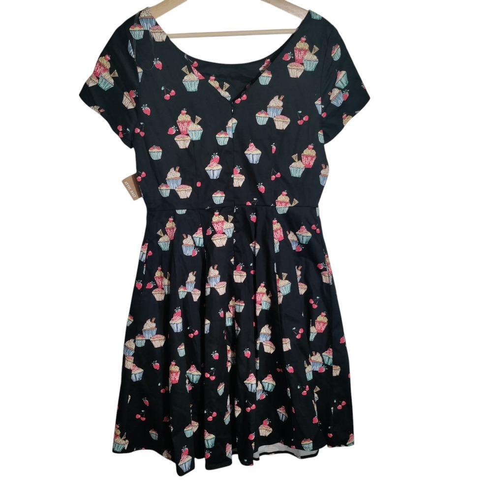Eva Rose Cupcake Print Fit & Flare Dress Black XL Short Sleeve Retro Style 5265